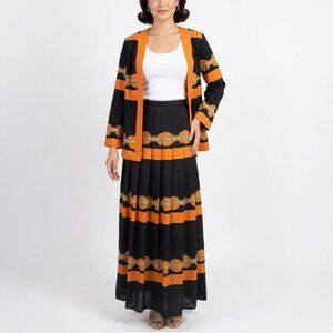 Vintage GOTTEX 60s Top Skirt Set Maxi Long Sleeve Top Black Orange Psychedelic